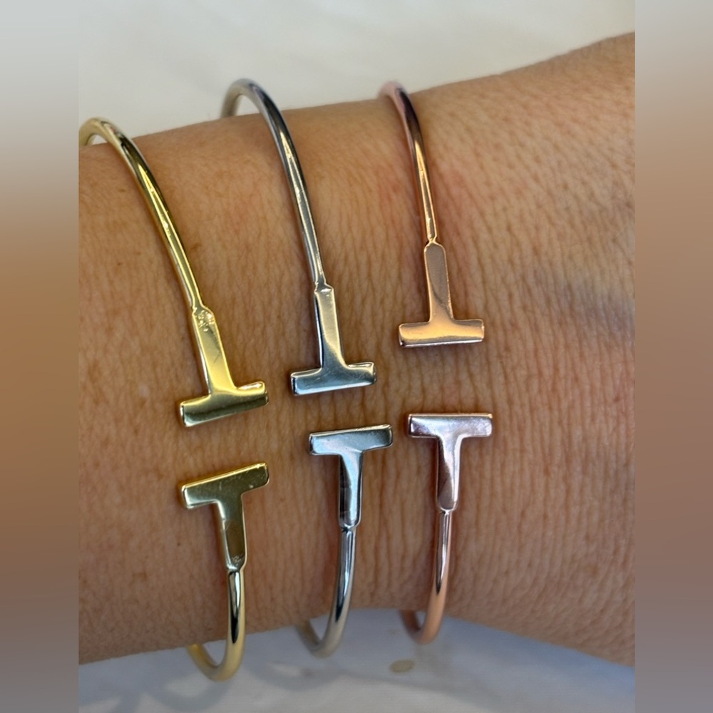 925 Sterling Silver Double T Bangle Wire Cuff 14k yellow or rose gold plated new